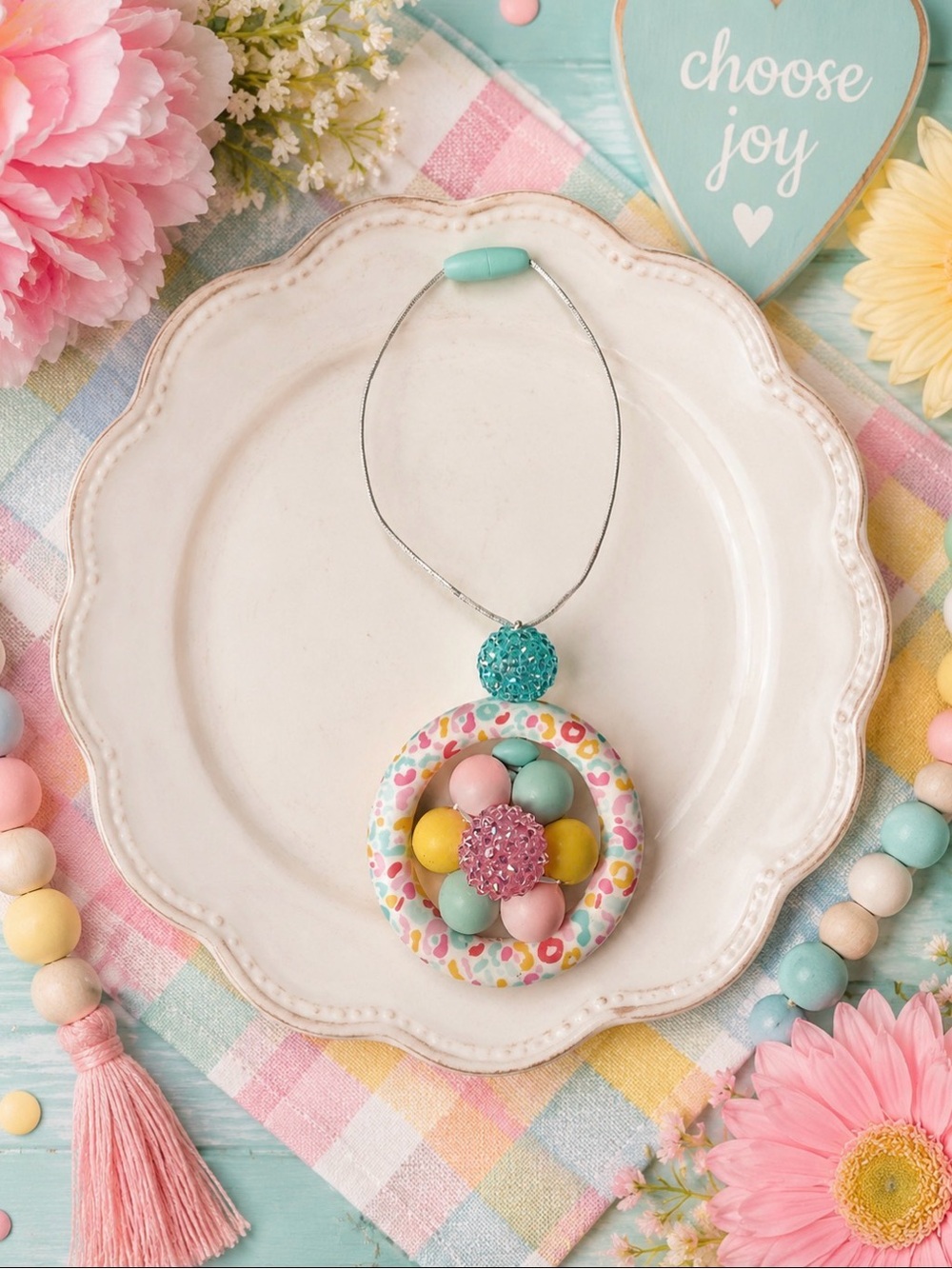 Hand Crafted Pastel Floral Beaded Car Charm